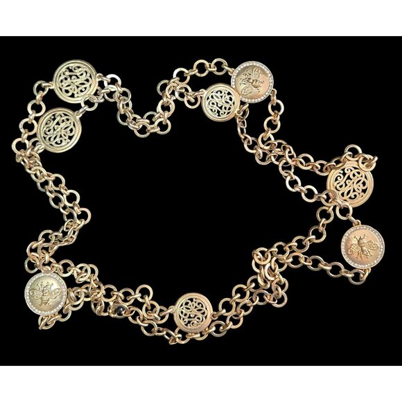 Vintage Monet Goldtone Station Necklace Bees Script Medallions 60" Necklace - Picture 1 of 5